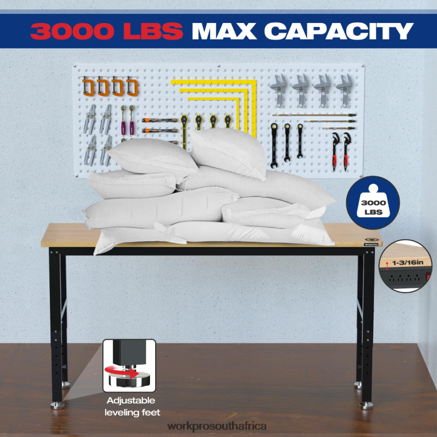 ZA WORKPRO Adjustable Workbench 3000 LBS Load Capacity Hardwood Worktable with Power Outlets Useful 4B8V2T4 Storage