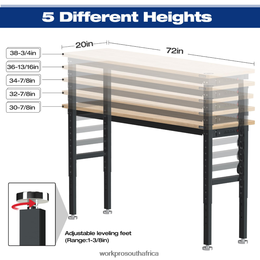 ZA WORKPRO Adjustable Workbench 3000 LBS Load Capacity Hardwood Worktable with Power Outlets Useful 4B8V2T4 Storage