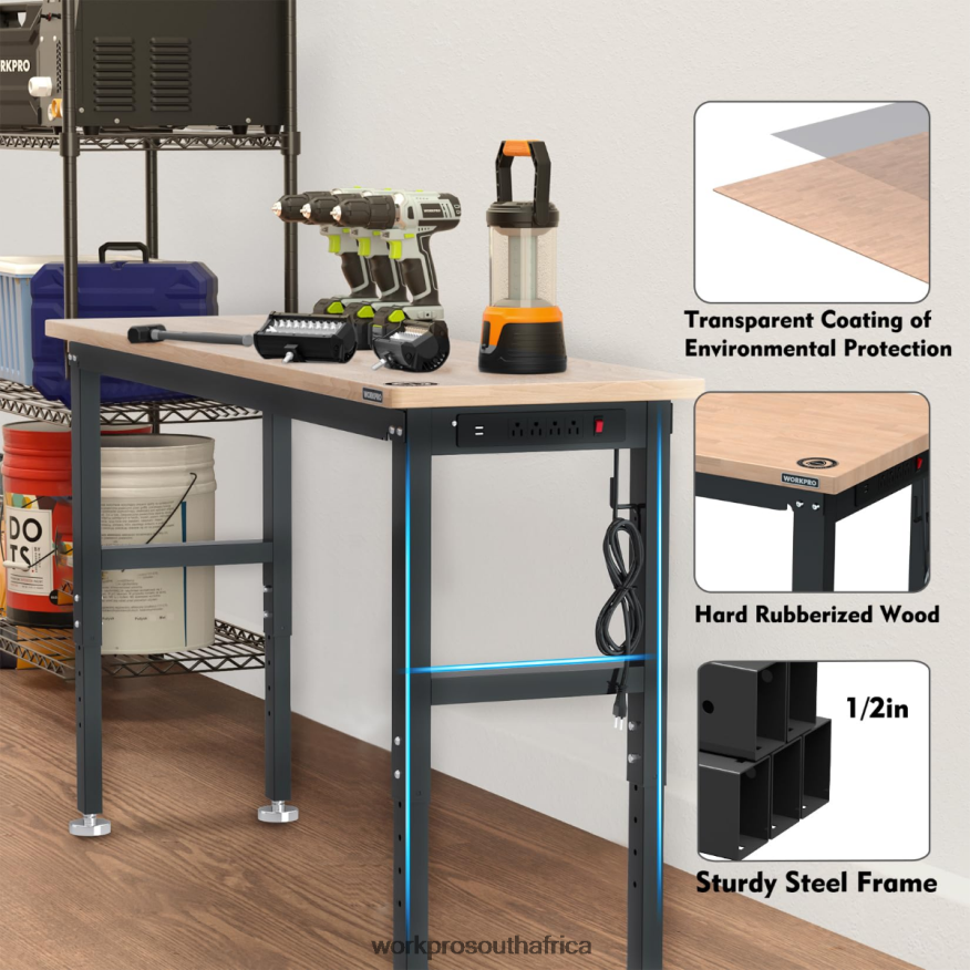ZA WORKPRO Adjustable Workbench 3000 LBS Load Capacity Hardwood Worktable with Power Outlets Useful 4B8V2T4 Storage